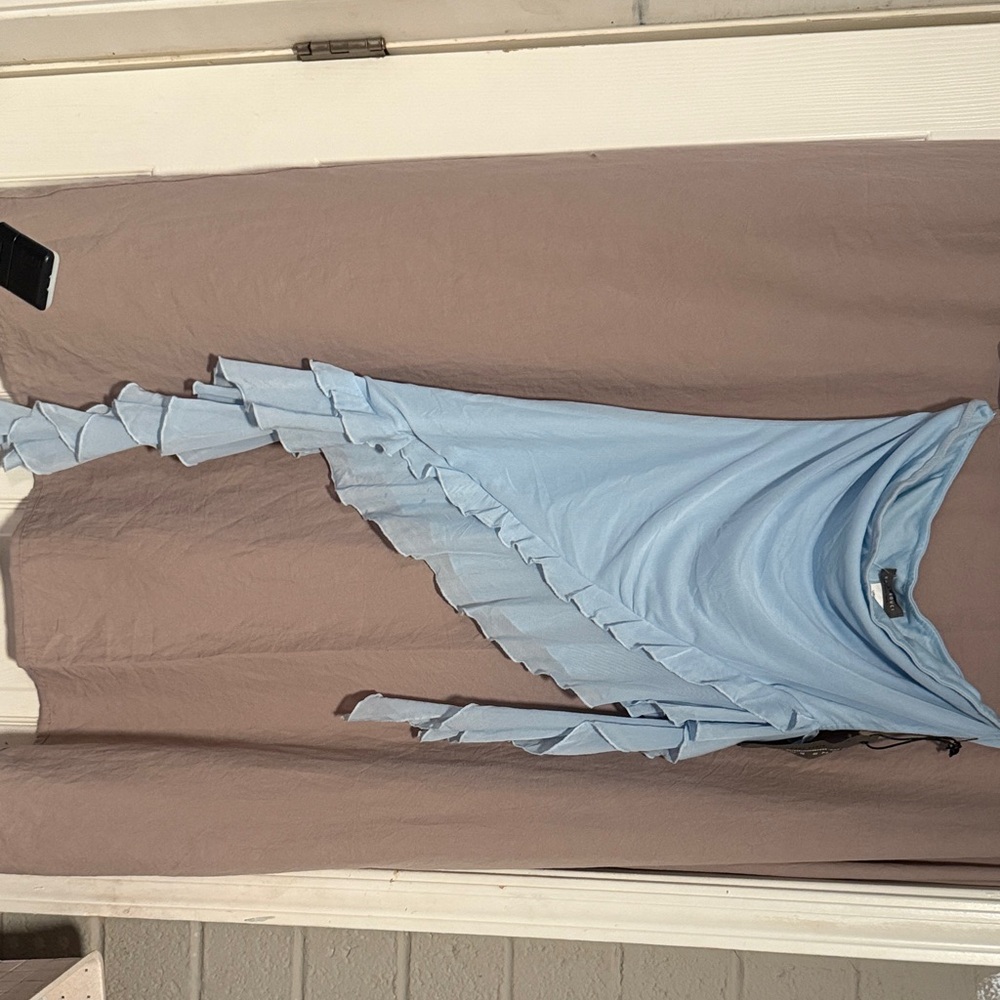 Sans Souci Light Blue Staples Top Asymmetrical Ruffle